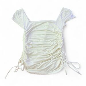 Express Ruched Drawstring White Puff Sleeve Square Neck Top  NWOT Size S